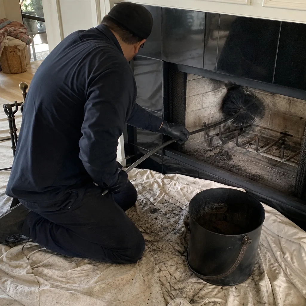 Professional chimney sweep cleaning a fireplace with a long brush