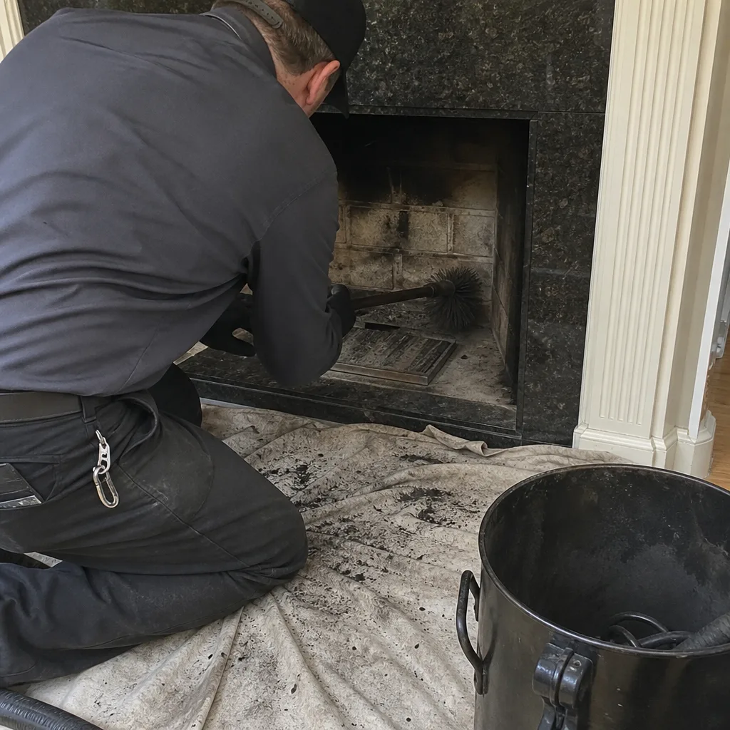 Professional chimney sweep cleaning a brick fireplace with a wire brush