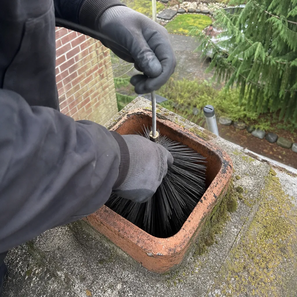 Professional chimney sweep cleaning a brick chimney with a wire brush