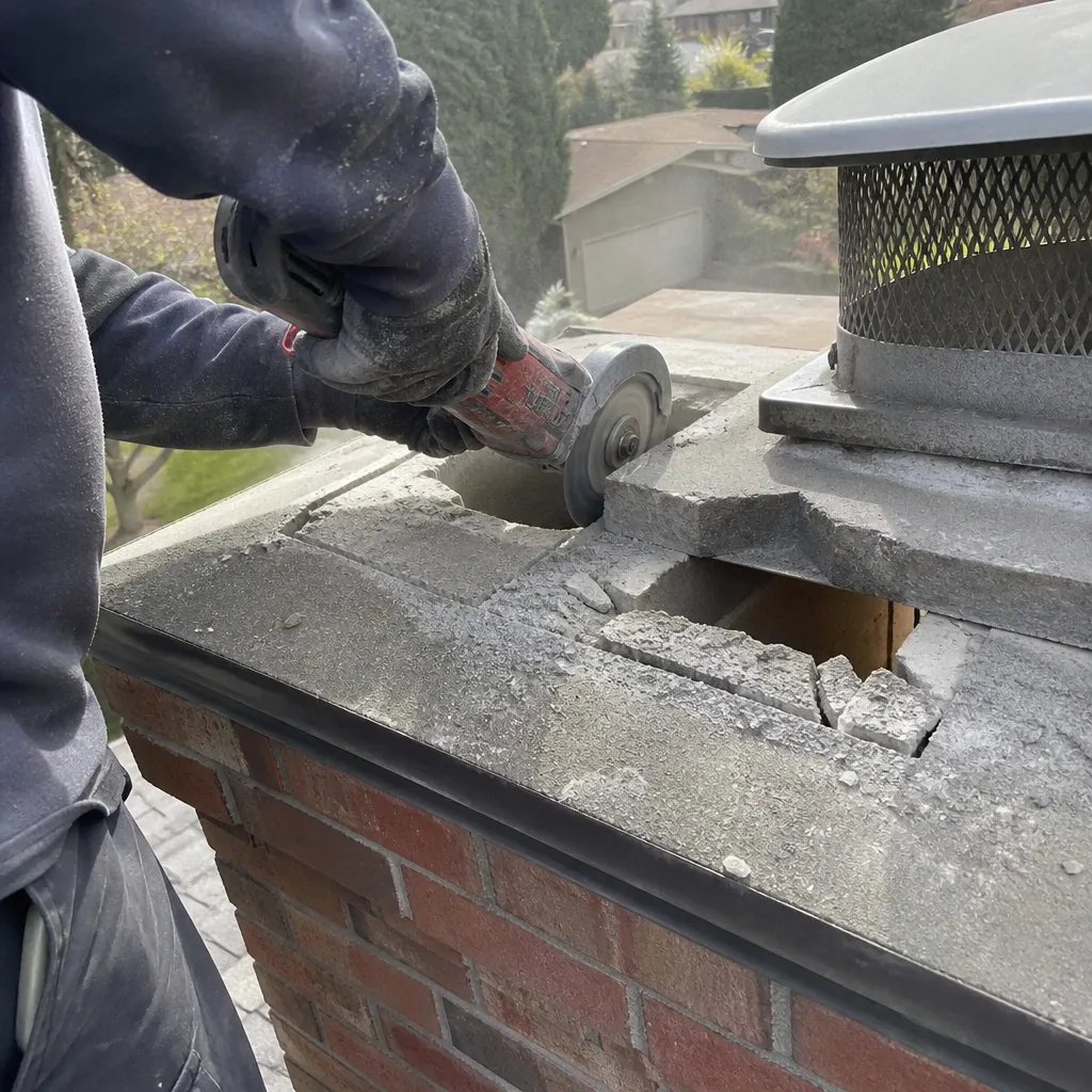 Professional technician performing masonry chimney crown repair on a residential roof
