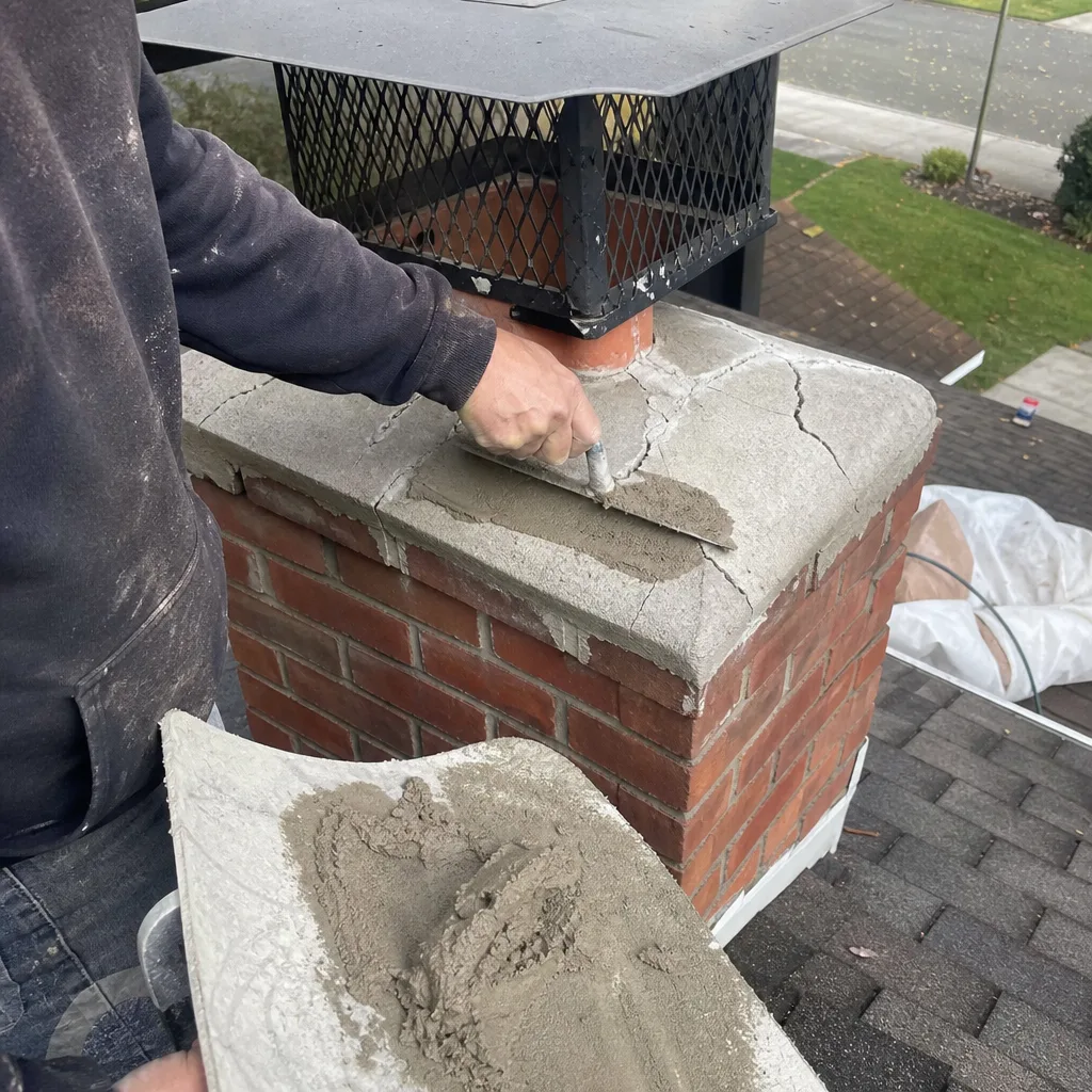 Professional technician performing chimney crown repair with mortar and trowel