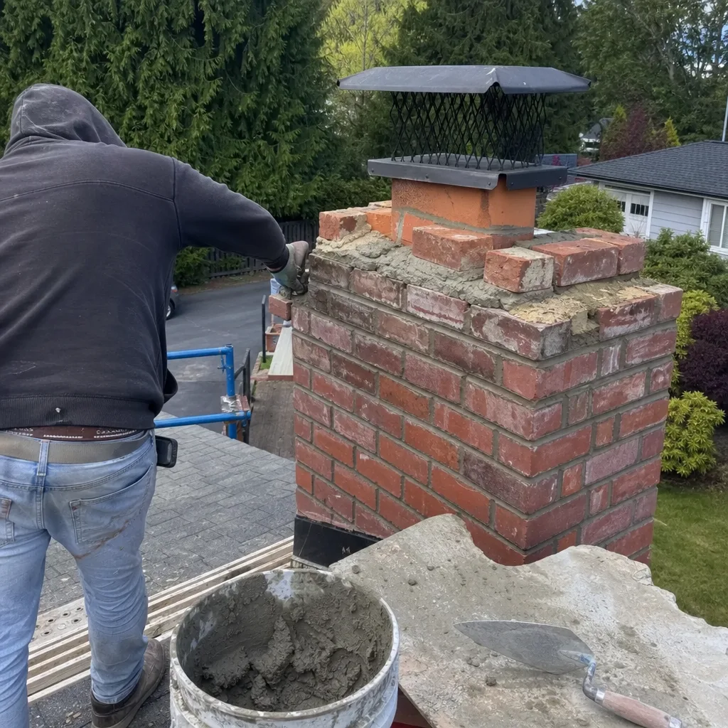 Professional mason performing brick chimney repair and restoration on a rooftop