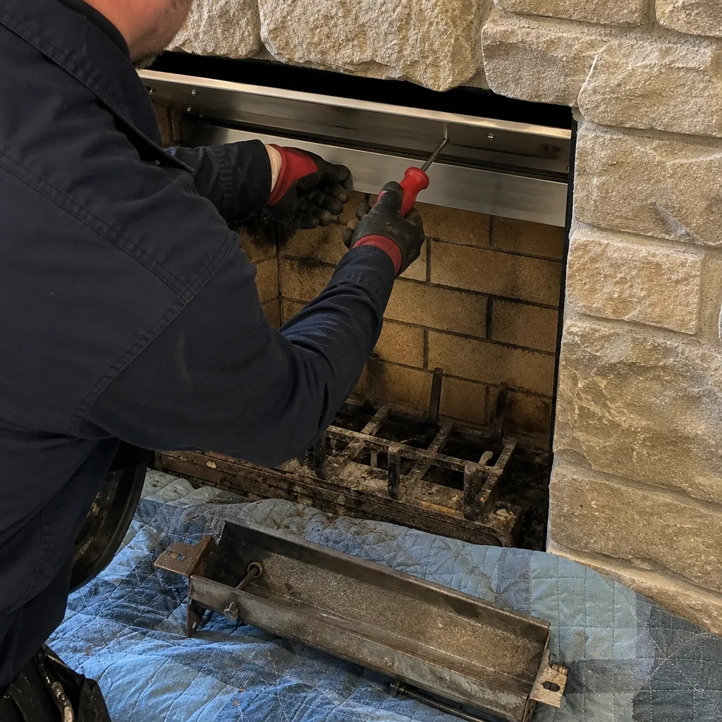 Technician performing professional fireplace maintenance and inspection